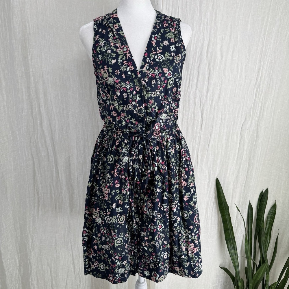 Ditsy Floral Mini Shirt Dress S Cottage Button Front Cinch Waist Pockets Cotton